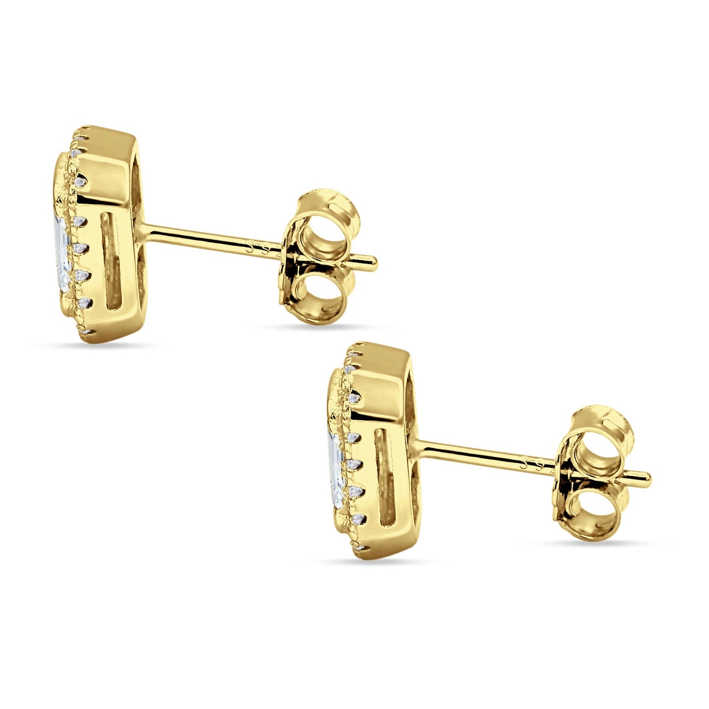 Emerald Cut CZ Halo Stud Earrings Yellow Tone