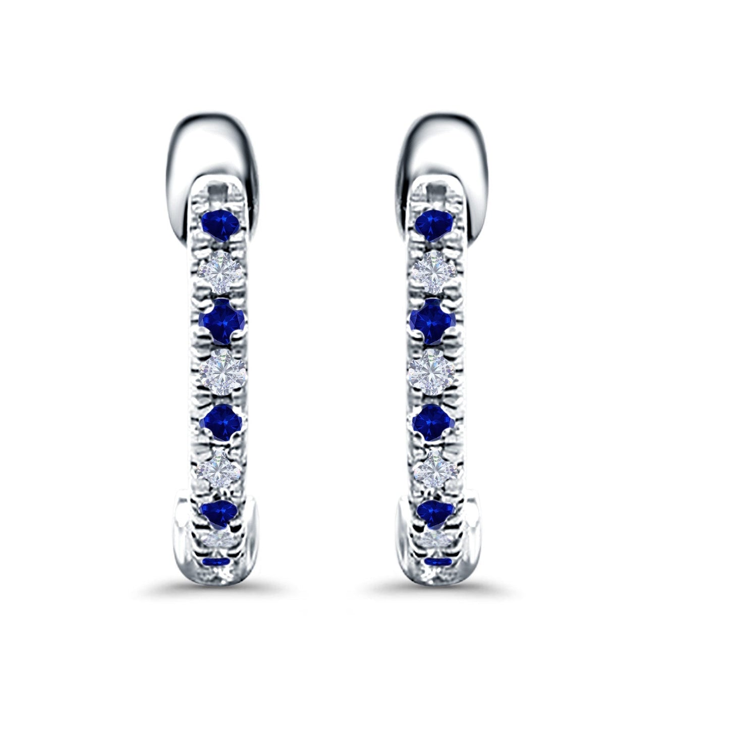 Half Eternity Hoop Earrings Round Simulated Blue Sapphire CZ (14mm)