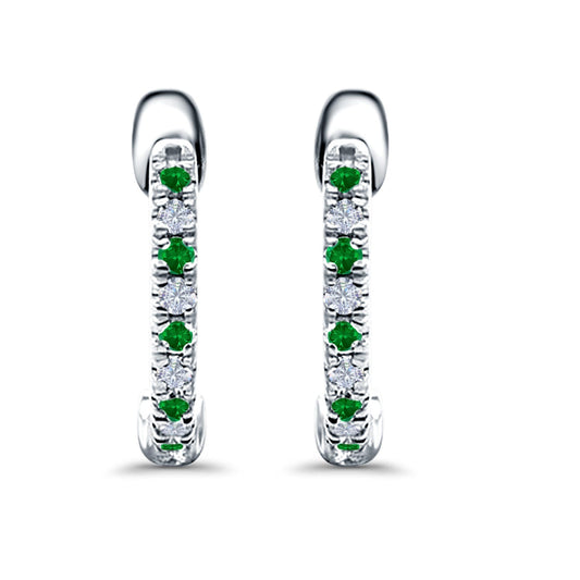 Half Eternity Hoop Earrings Round Simulated Green Emerald CZ (14mm)