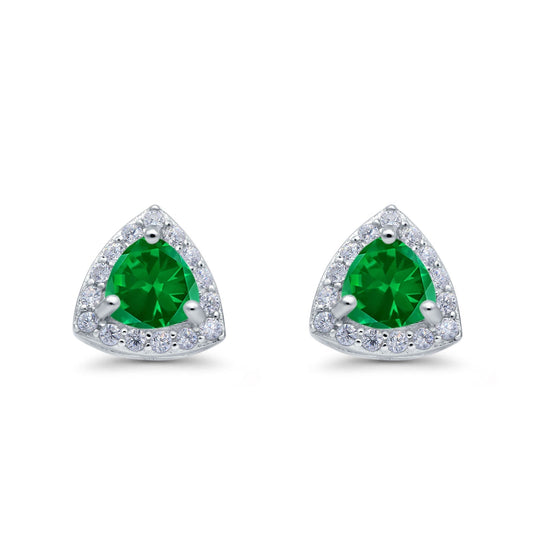 Halo Simulated Green Emerald CZ Round Stud Earrings