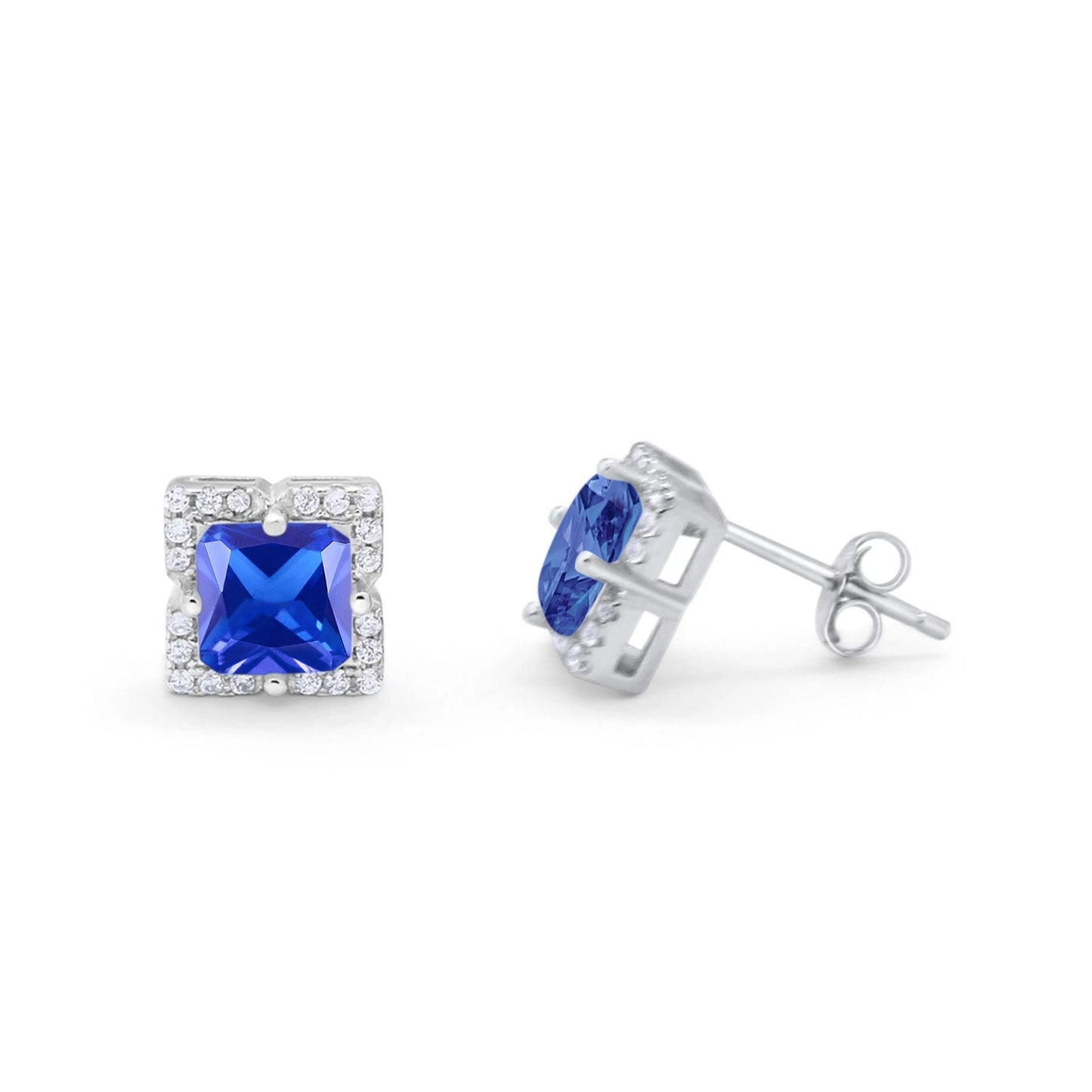 Halo Princess Cut Simulated Tanzanite CZ Engagement Bridal Stud Earrings