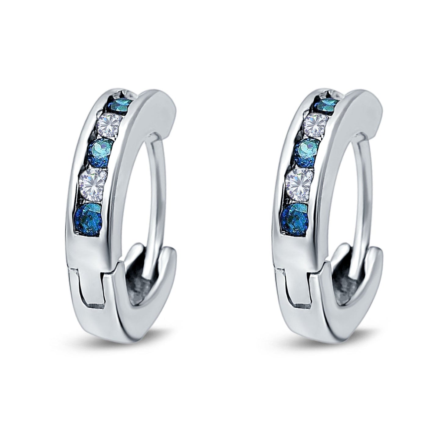 Eternity Huggie Hoop Earrings Channel Round Simulated Blue Topaz Cubic Zirconia