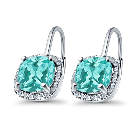 Halo Cushion Simulated Paraiba Tourmaline CZ Leverback Earrings