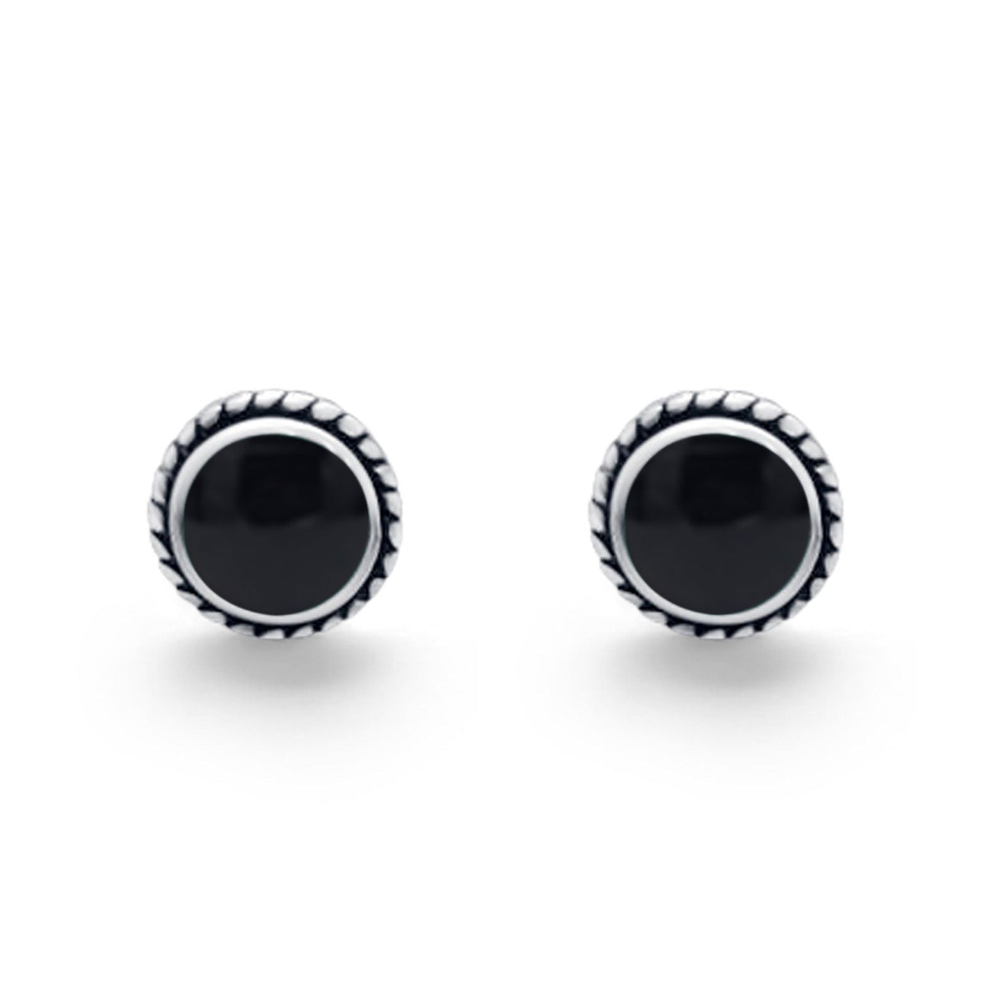 Twisted Rope Design Stud Post Earrings Round Simulated Black Onyx