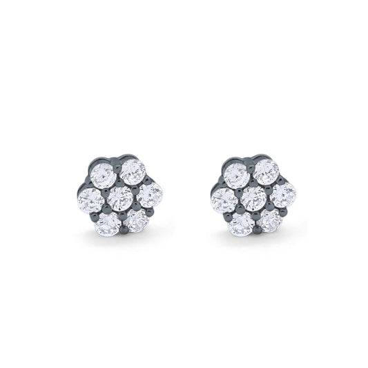 8mm Cluster 7-Stone Round Black Tone, Simulated CZ Screwback Flower Stud Earring