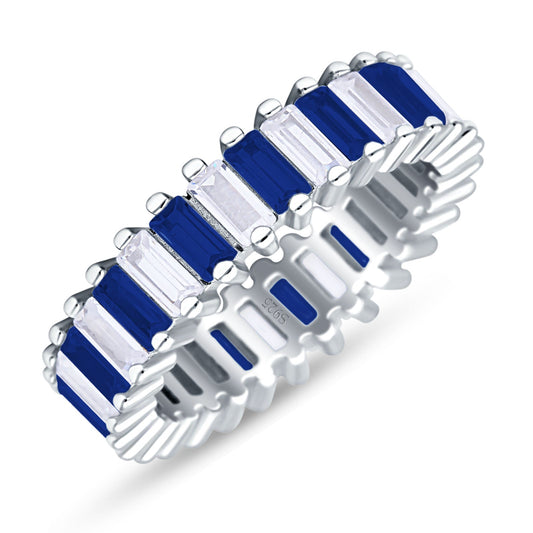 Emerald Cut Full Eternity Ring Blue Sapphire CZ