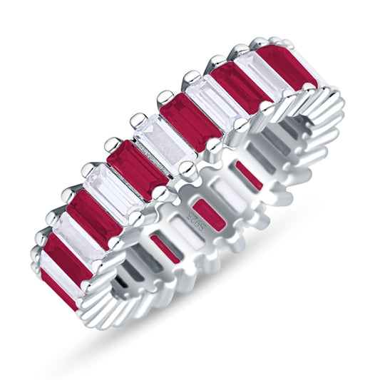 Emerald Cut Full Eternity Ring Ruby CZ