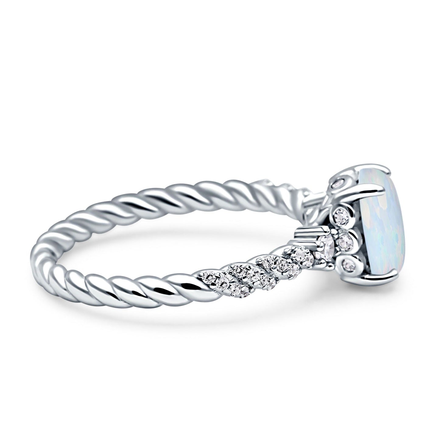 Twisted Rope Hidden Halo Oval Engagement Ring Lab Created White Opal