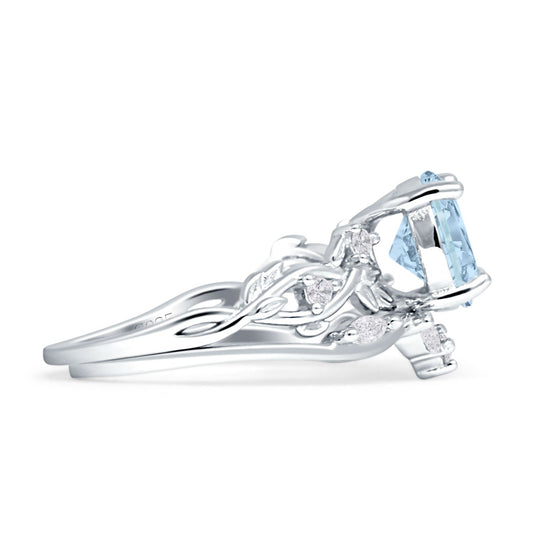 Two Piece Pear Teardrop Bridal Ring Aquamarine CZ