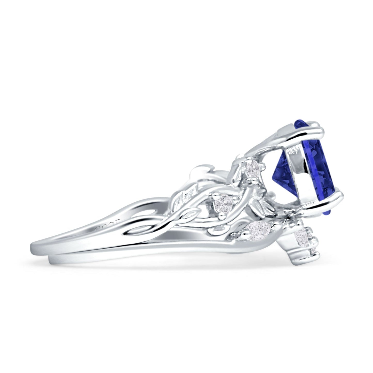 Art Deco Round Blue Sapphire CZ Infinity Leaf Two Piece Ring