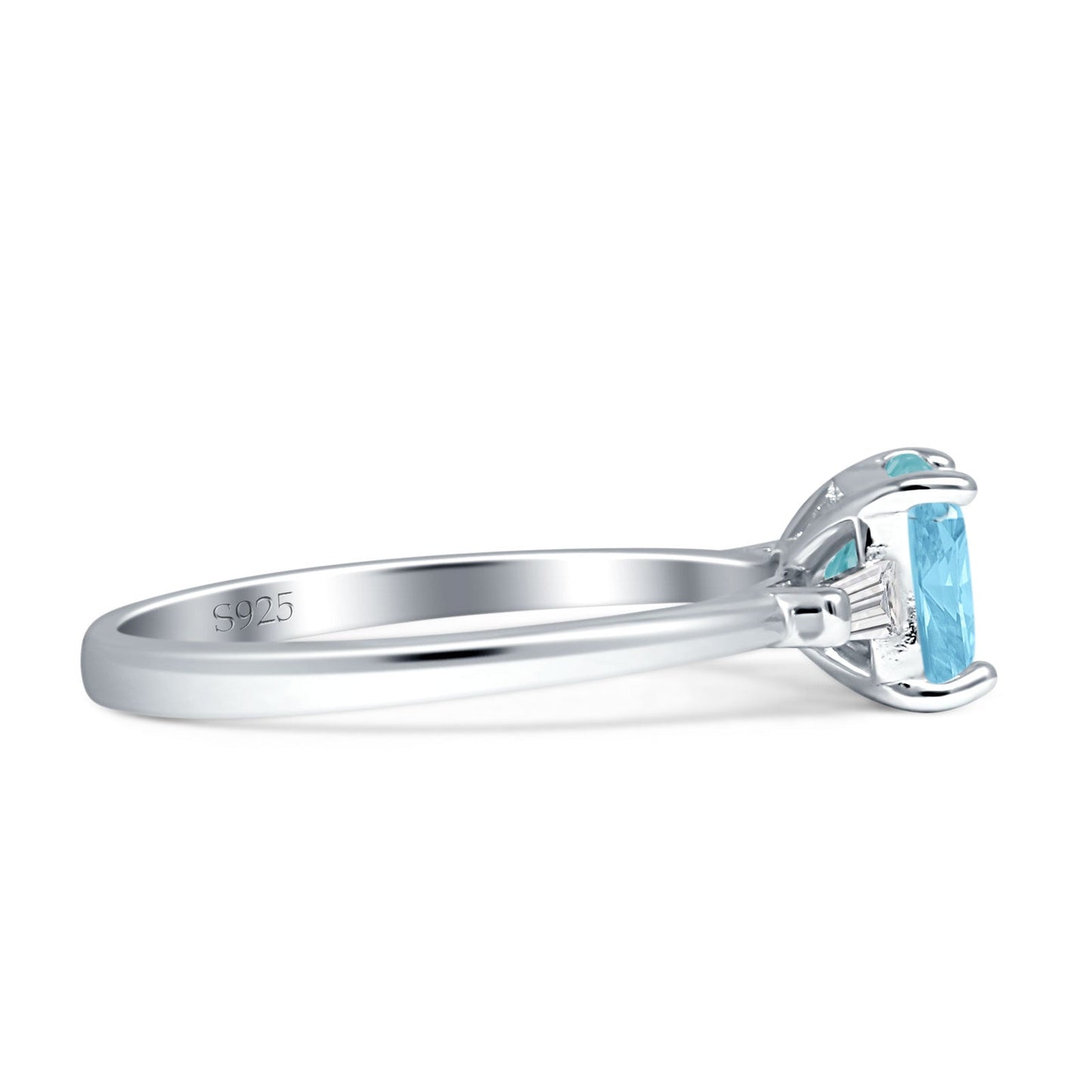 Emerald Cut Solitaire Trio Ring Aquamarine CZ