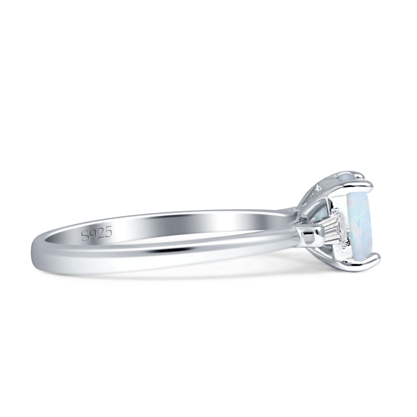 Emerald Cut Solitaire Trio Ring Created White Opal