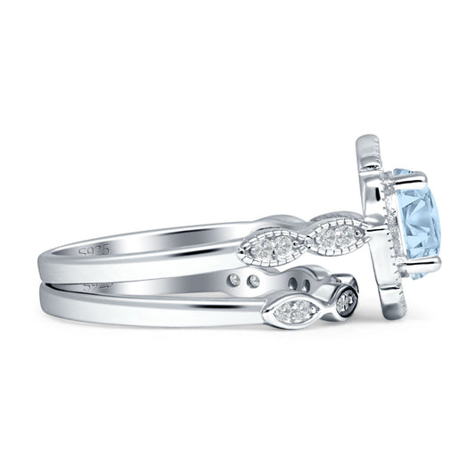 Two Piece Round Halo Floral Ring Aquamarine CZ