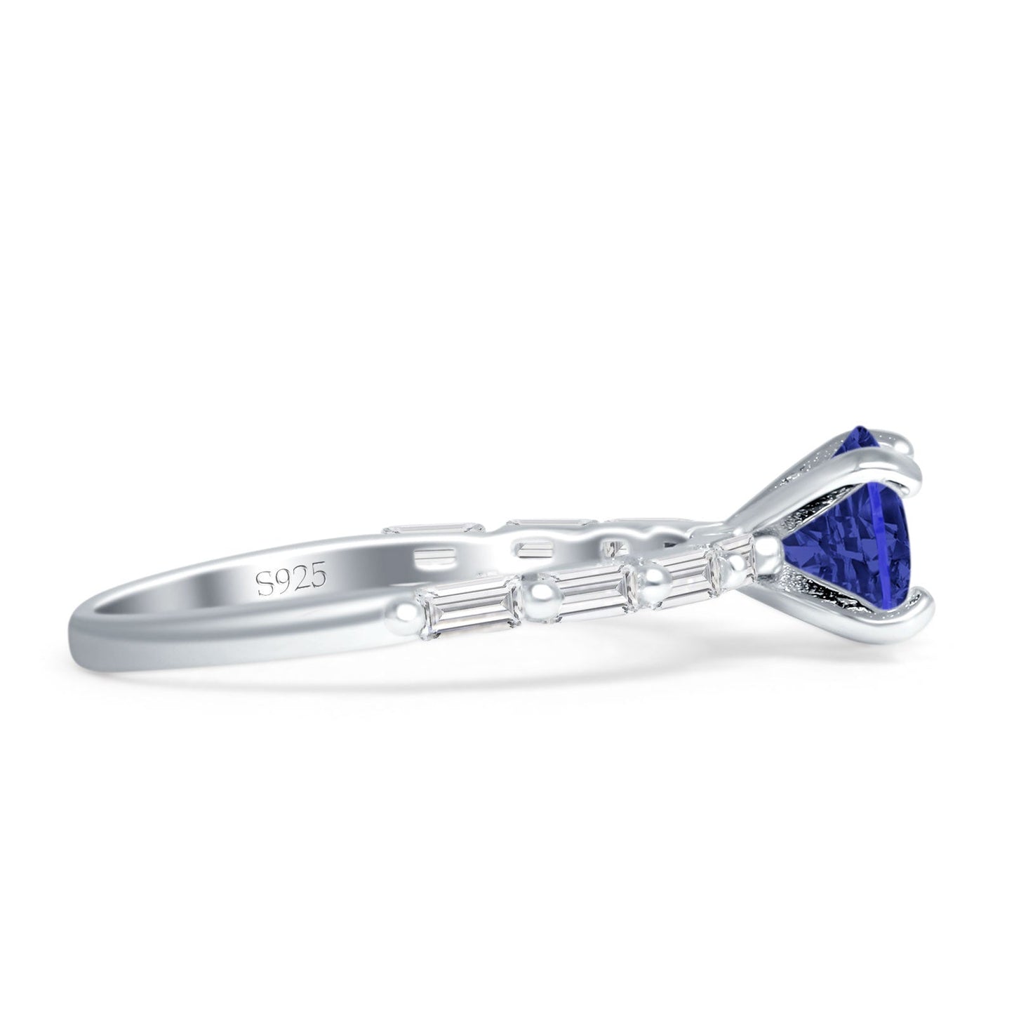 Petite Round Solitaire Ring Baguette Blue Sapphire CZ