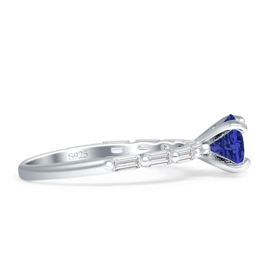 Petite Round Solitaire Ring Baguette Blue Sapphire CZ