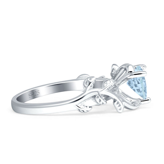 Heart Leaf Art Deco Promise Ring Aquamarine CZ