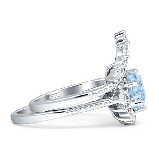 Two Piece Round Halo Bridal Ring Aquamarine CZ