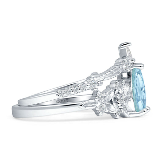 Two Piece Pear Teardrop Bridal Ring Aquamarine CZ