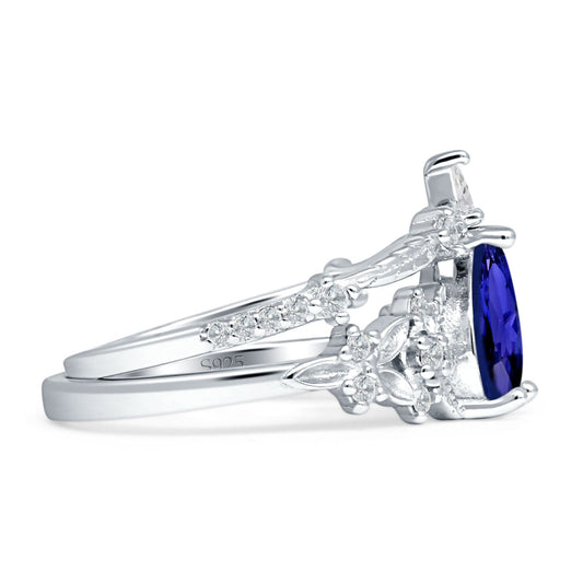 Two Piece Pear Teardrop Bridal Ring Blue Sapphire CZ