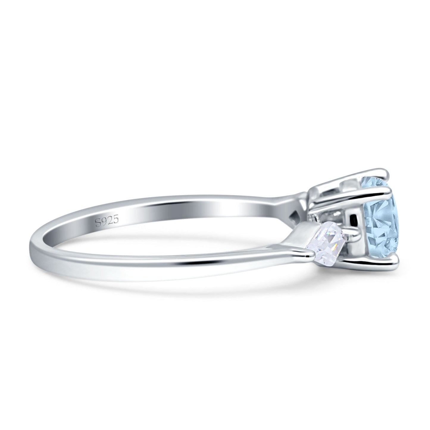 Three Stone Ring Kite Shape Accent Round Aquamarine CZ