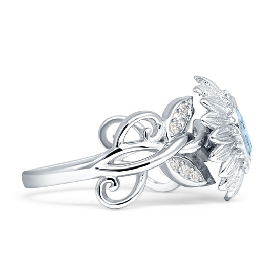 Sunflower Twisted Vine Leaf Engagement Ring Aquamarine CZ