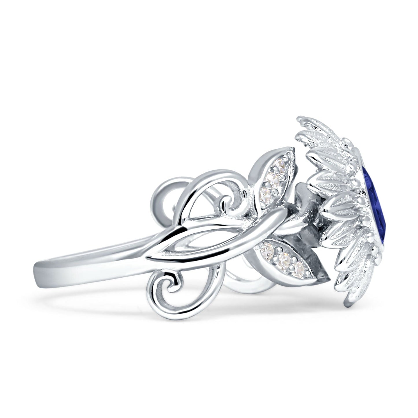 Sunflower Twisted Vine Leaf Engagement Ring Blue Sapphire CZ