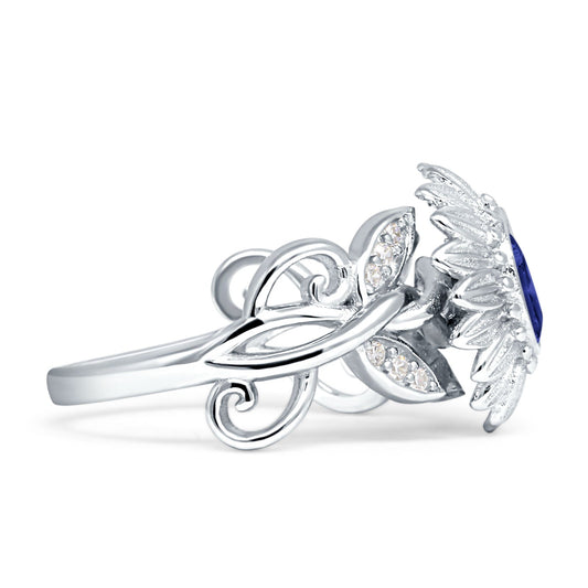 Sunflower Twisted Vine Leaf Engagement Ring Blue Sapphire CZ