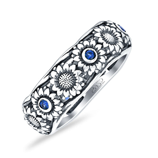 Sunflower Oxidized Statement Wedding Band Blue Sapphire CZ