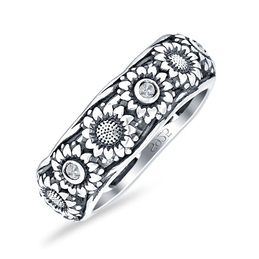 Sunflower Oxidized Statement Wedding Band Cubic Zirconia