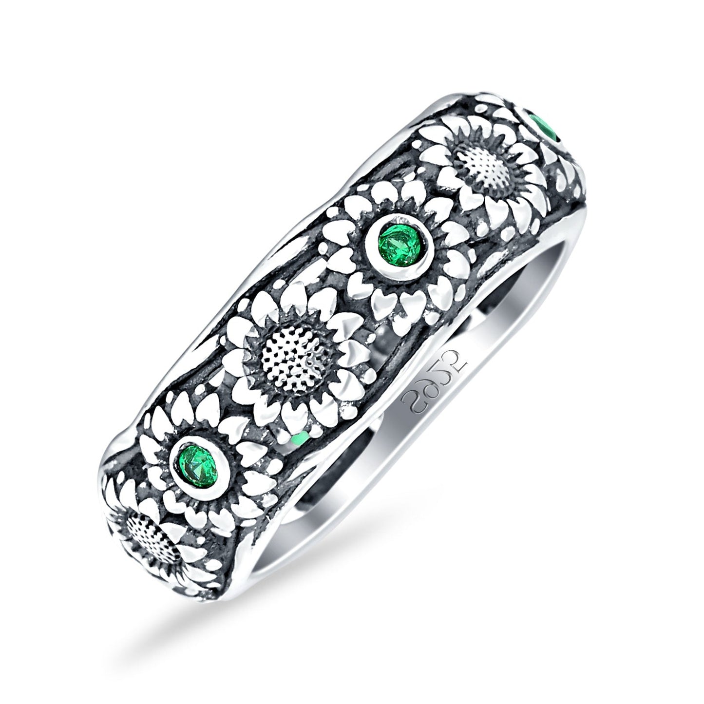 Sunflower Oxidized Statement Wedding Band Green Emerald CZ