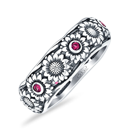 Sunflower Oxidized Statement Wedding Band Ruby CZ