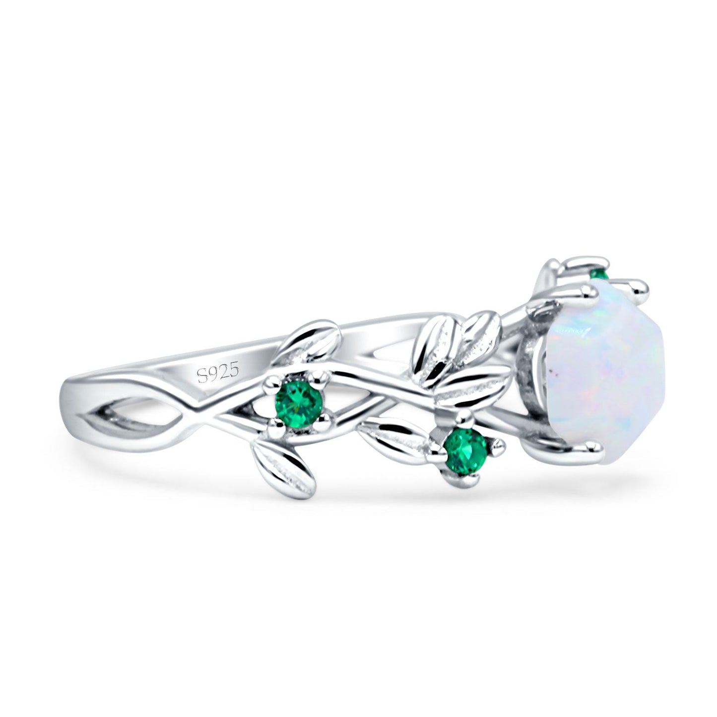 Tree Leaf Green Emerald CZ Hexagonal Created White Opal Ring Wholesale