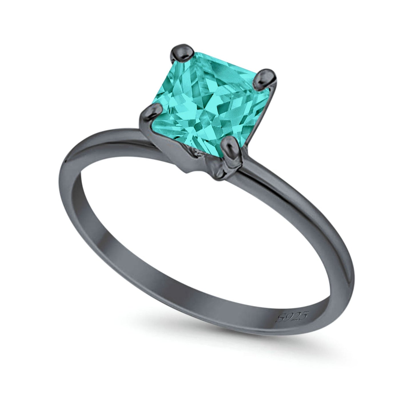 Solitaire Wedding Ring Princess Cut Black Tone, Simulated Paraiba Tourmaline CZ