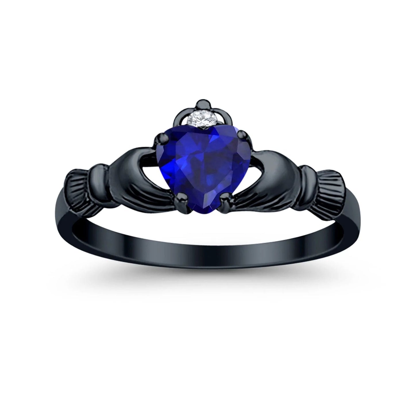 Irish Claddagh Heart Black Tone, Simulated Blue Sapphire CZ Promise Ring