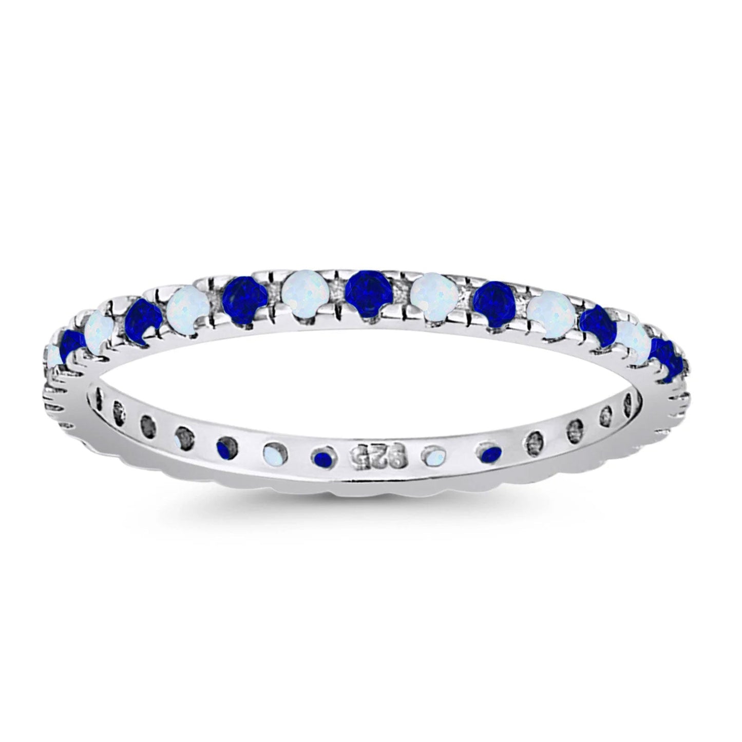 Stackable Band Wedding Ring Round Full Eternity Lab White Opal & Simulated Blue Sapphire CZ