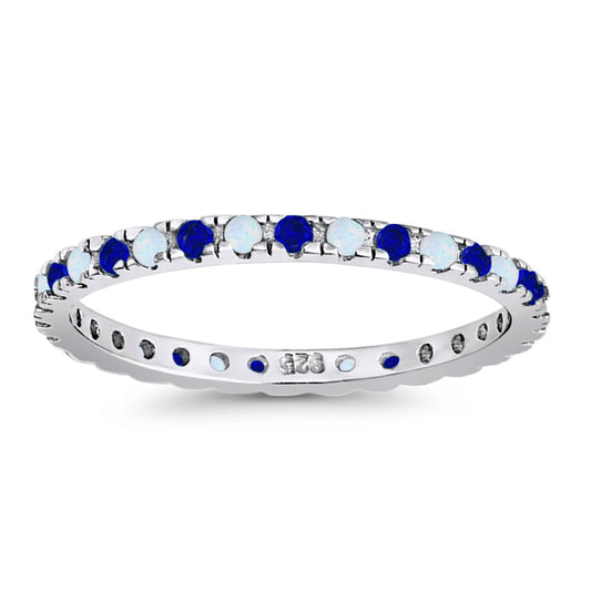 Stackable Band Wedding Ring Round Full Eternity Lab White Opal & Simulated Blue Sapphire CZ