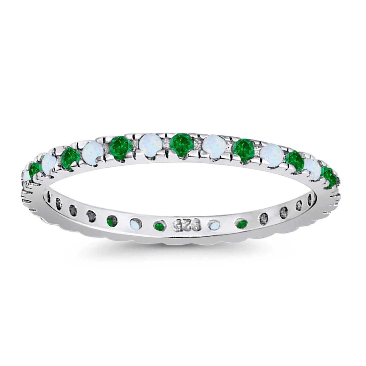 Stackable Band Wedding Ring Round Full Eternity Lab White Opal & Simulated Green Emerald CZ