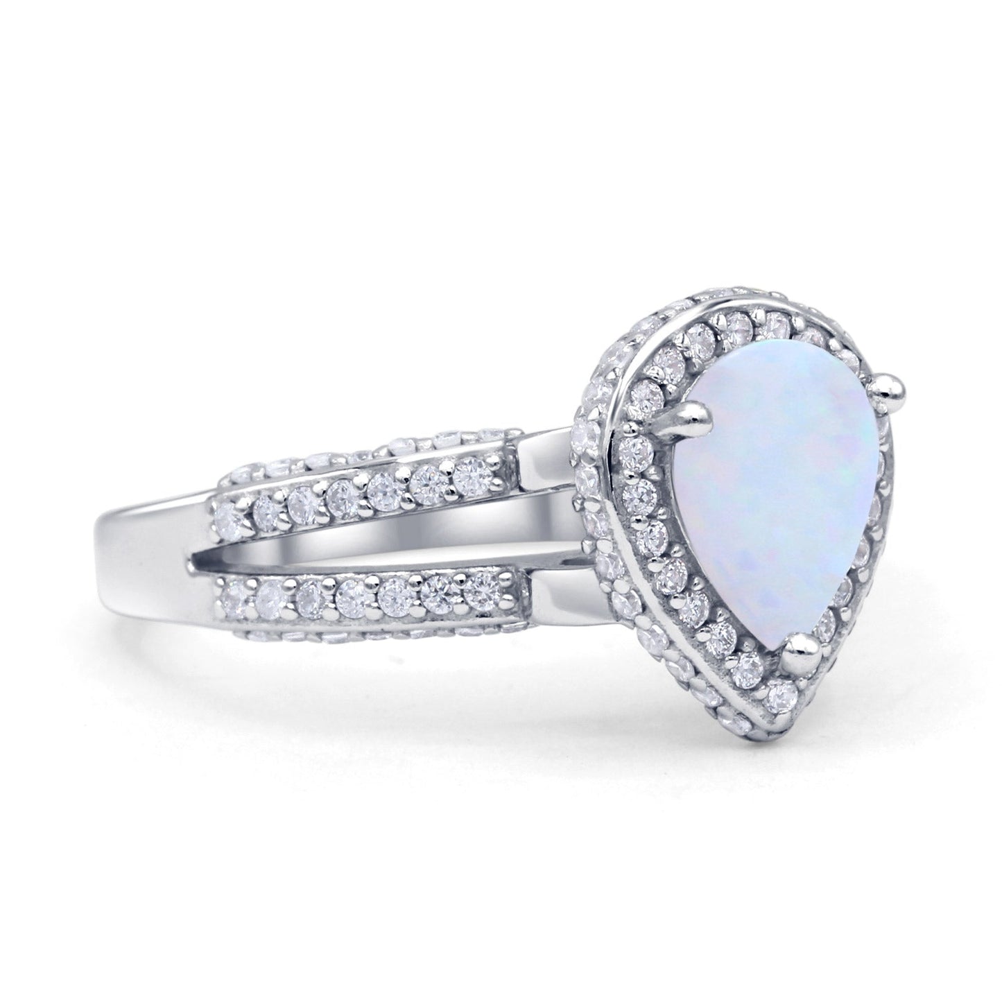 Vintage Style Teardrop Pear Halo Engagement Ring Lab Created White Opal