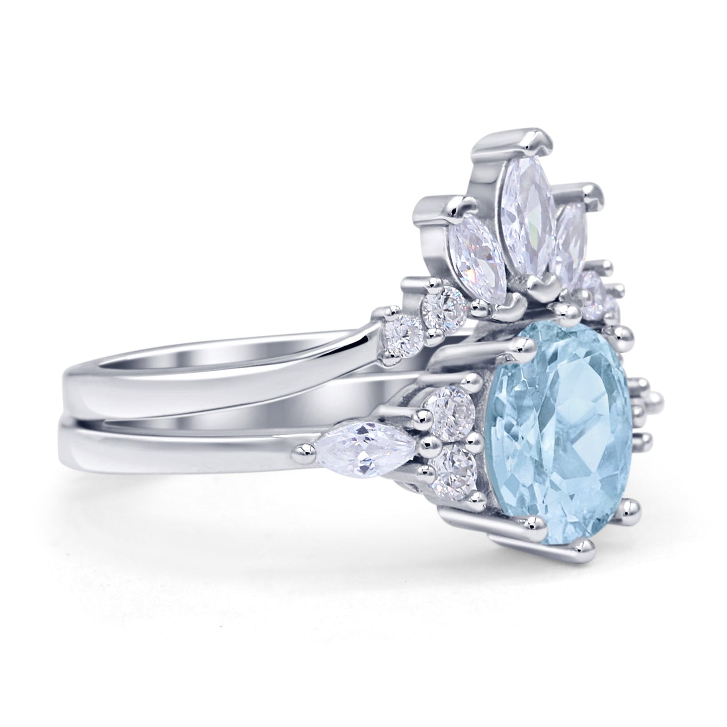 Two Piece Oval Vintage Style Bridal Engagement Ring Simulated Aquamarine