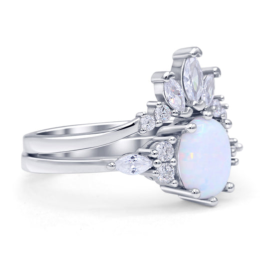 Two Piece Oval Vintage Style Bridal Engagement Ring Lab Created White Opal