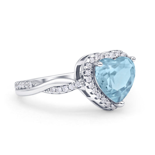 Halo Twisted Infinity Heart Engagement Ring Simulated Aquamarine