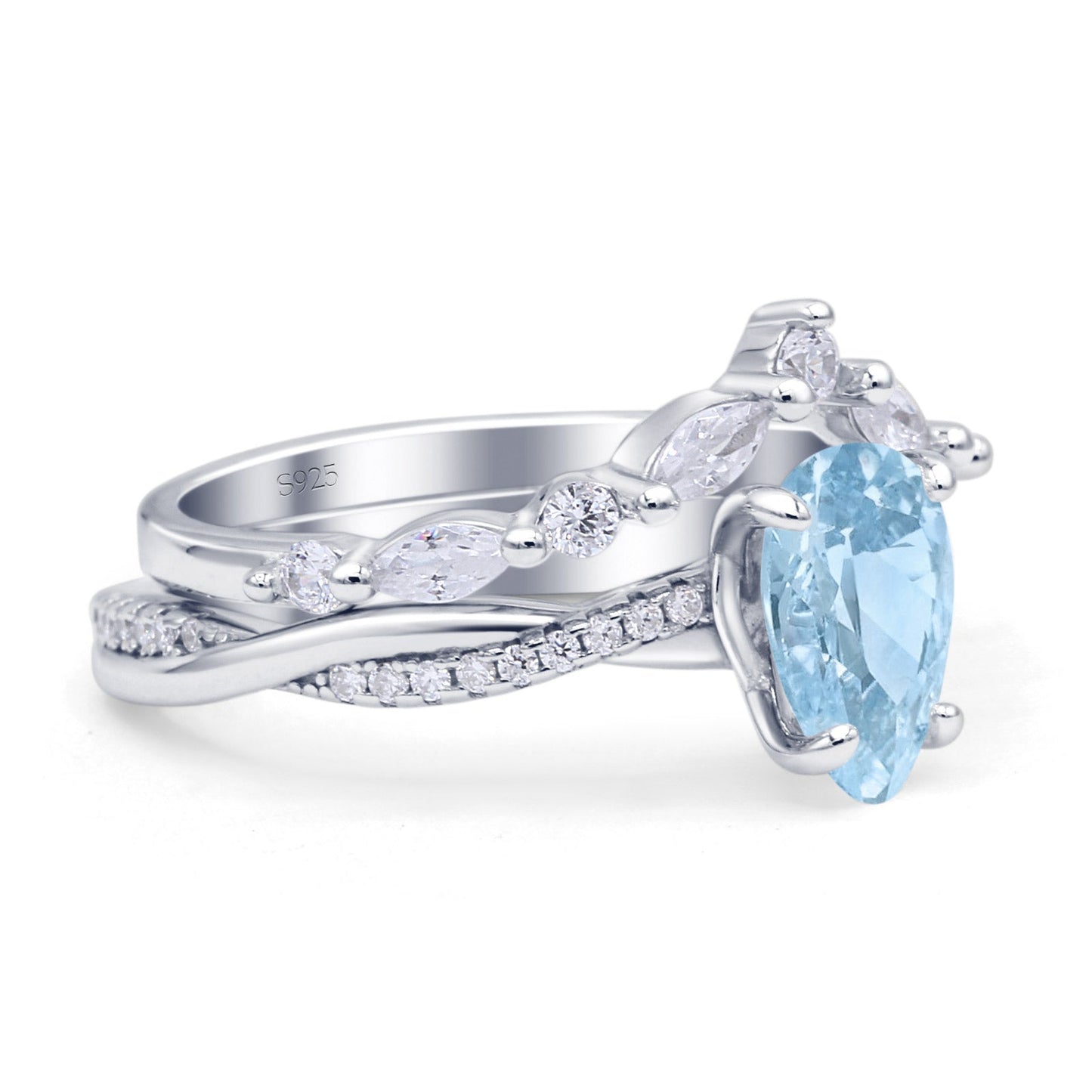 Teardrop Pear Twisted Infinity Style Bridal Two Piece Engagement Ring Simulated Aquamarine