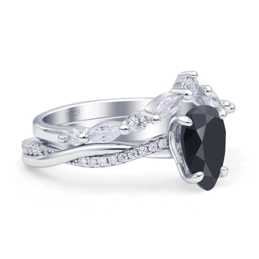 Teardrop Pear Twisted Infinity Style Bridal Two Piece Engagement Ring Simulated Black