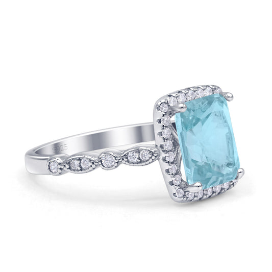 Art Deco Accent Halo Radiant Simulated Aquamarine Engagement Ring