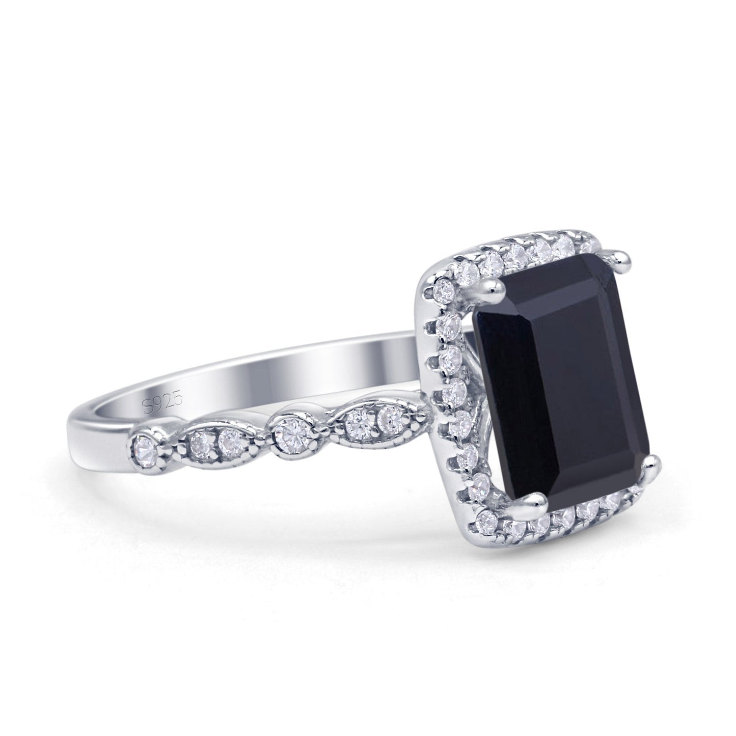 Art Deco Accent Halo Radiant Simulated Black Engagement Ring