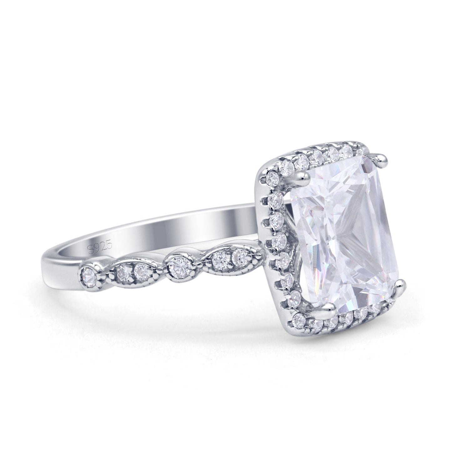 Art Deco Accent Halo Radiant Cubic Zirconia Engagement Ring