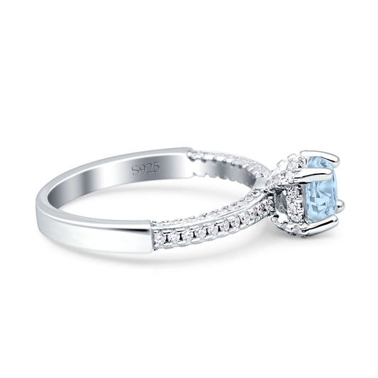 Solitaire Accent Round Simulated Aquamarine CZ Engagement Ring