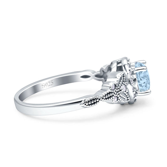 Art Deco Round Butterfly Simulated Aquamarine Engagement Ring