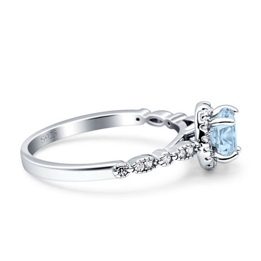 Halo Round Simulated Aquamarine Engagement Ring