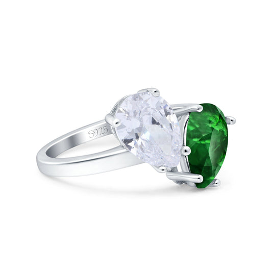 Teardrop Pear Art Deco Wedding Ring Simulated Green Emerald CZ